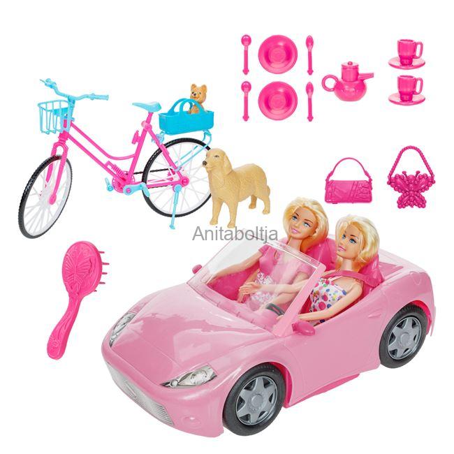 Rózsaszín kabrió jármű 2 babával, kerékpárral és kutyával