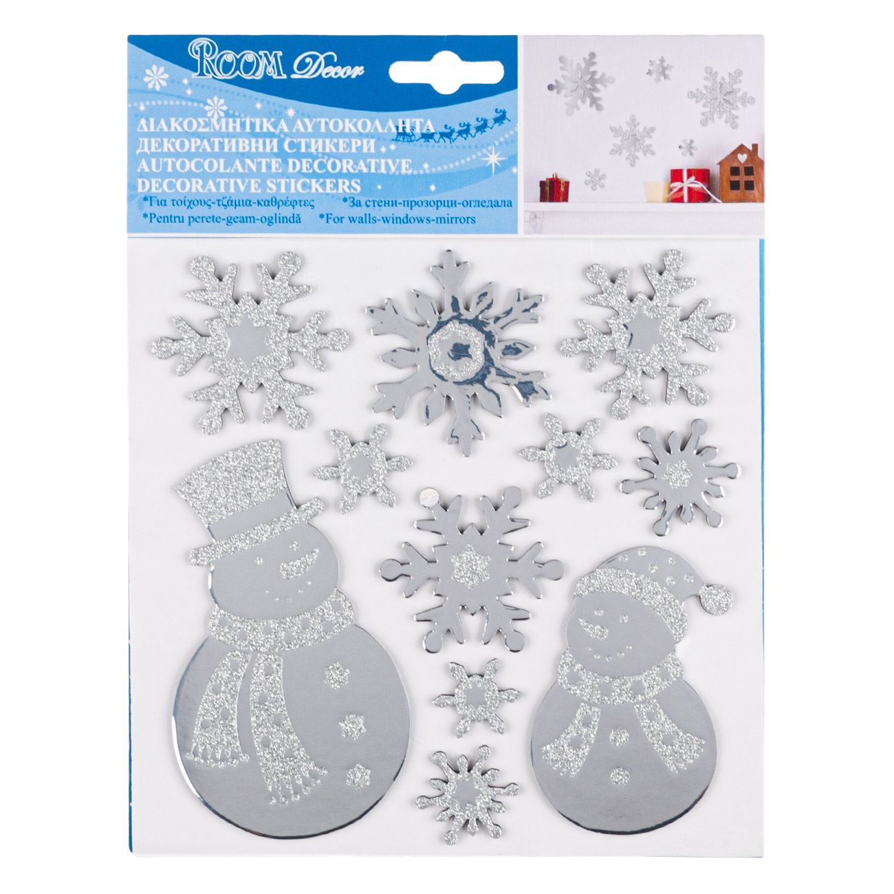 Karácsonyi ablakmatrica ezüst csillogó hóemberek 18x23 cm