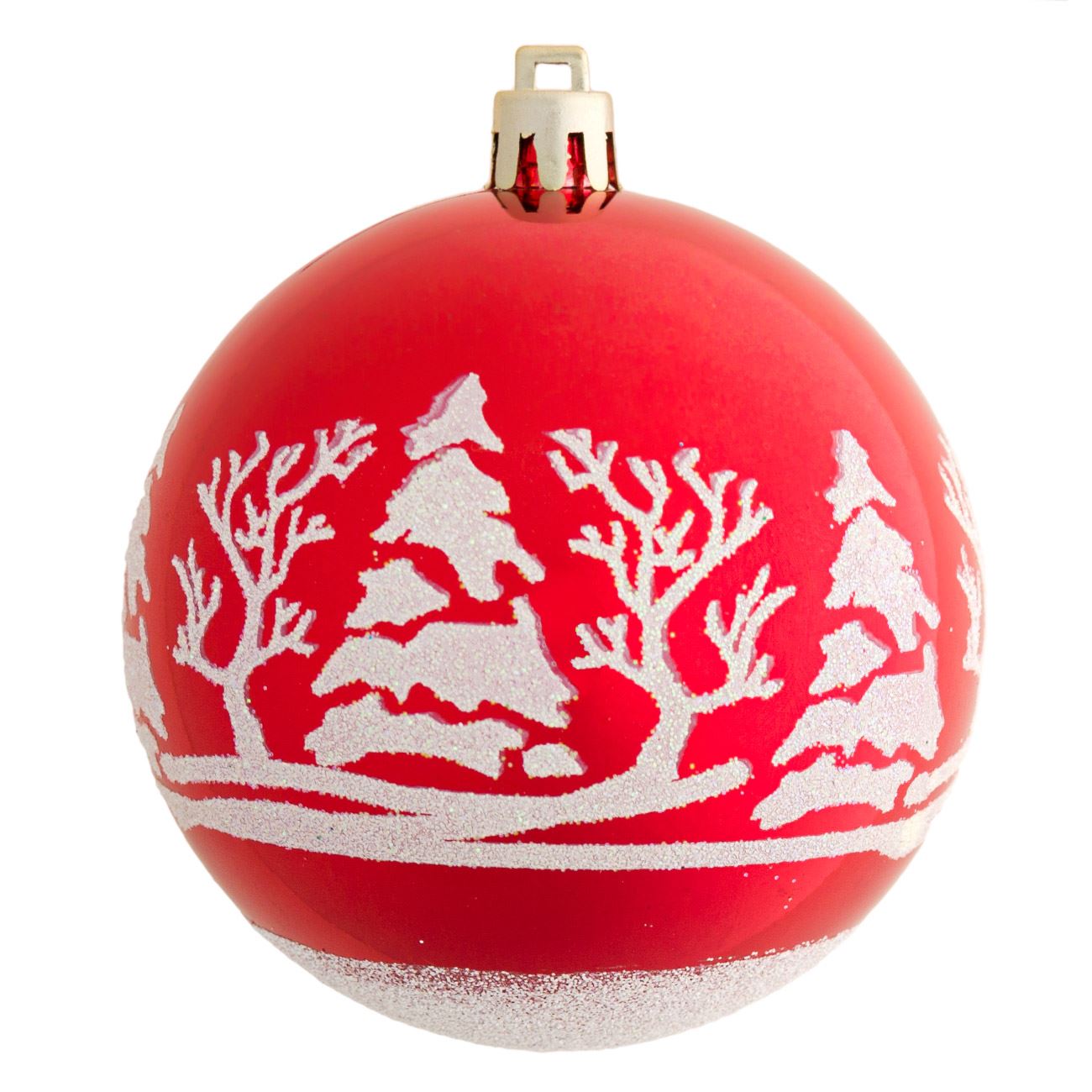 Karácsonyi gömb készlet, piros, havas tájak, csillogó 8 cm - 6 db.