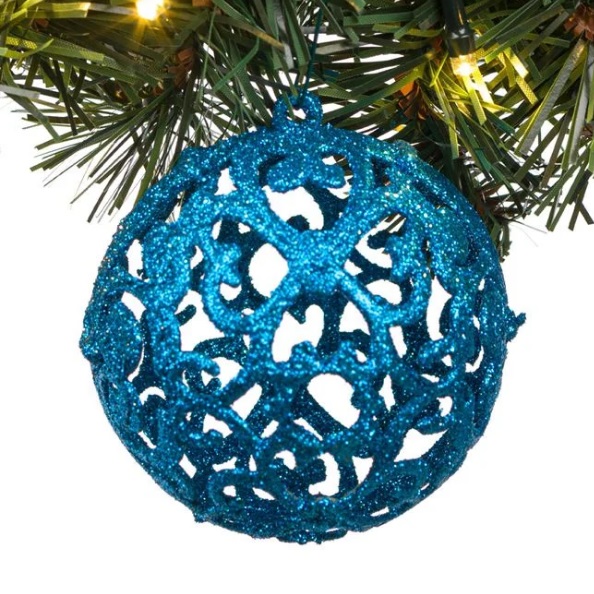Karácsonyi gömb készlet türkiz perforált csillám 6 cm - 6 db.
