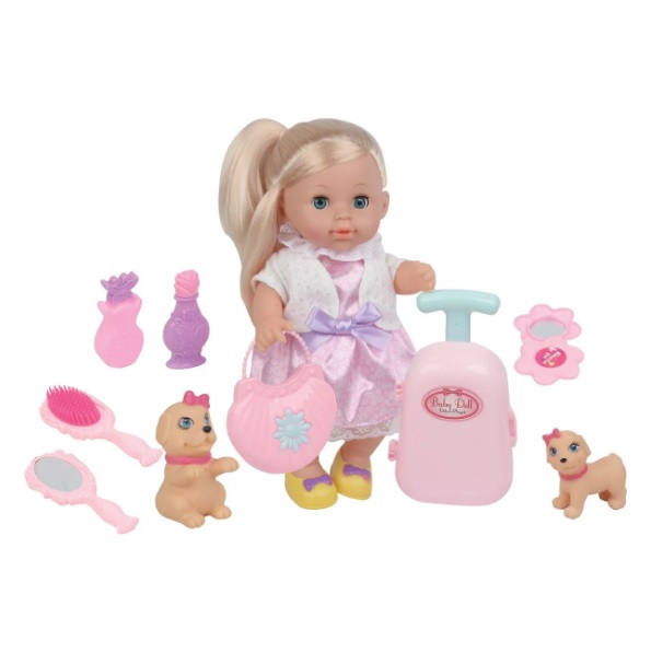 Baba játék lány rózsaszín ruhában 2 kutyával és kiegészítőkkel