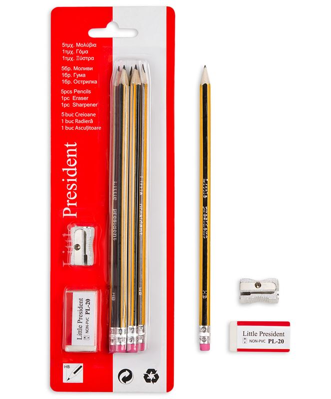 Ceruza készlet HB 5 db + radír + hegyező sárga/fekete