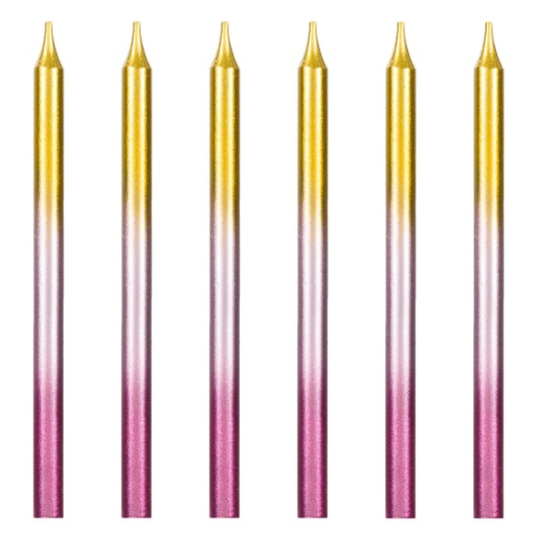 Szivárványos fémes születésnapi gyertyák rózsaszín arany 11cm - 6 db.
