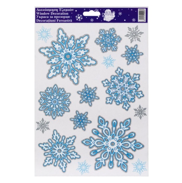 Kék csillogó karácsonyi ablakmatricák hópelyhek 20x30 cm