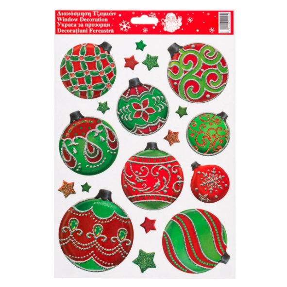 Karácsonyi matricák Dekoratív csillogó golyók Zöld Piros 20x30 cm