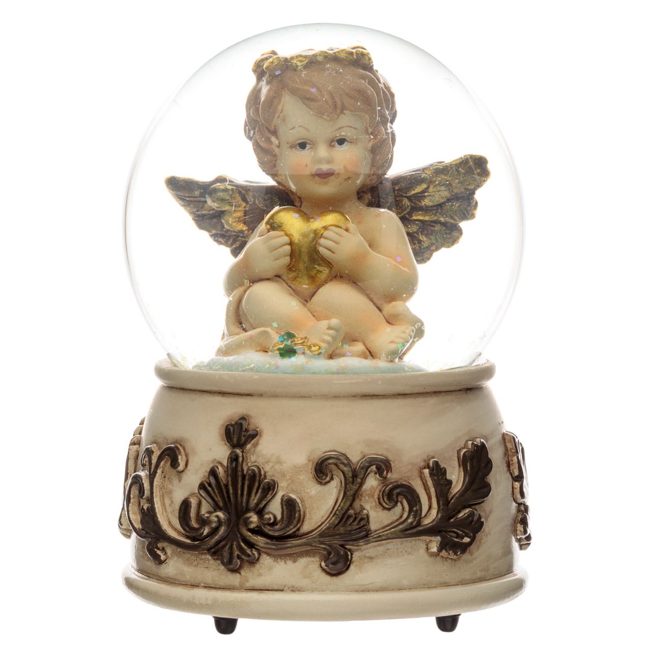 Karácsonyi dekoratív hógömb zenélő Kis angyal Aranyszív 15 cm