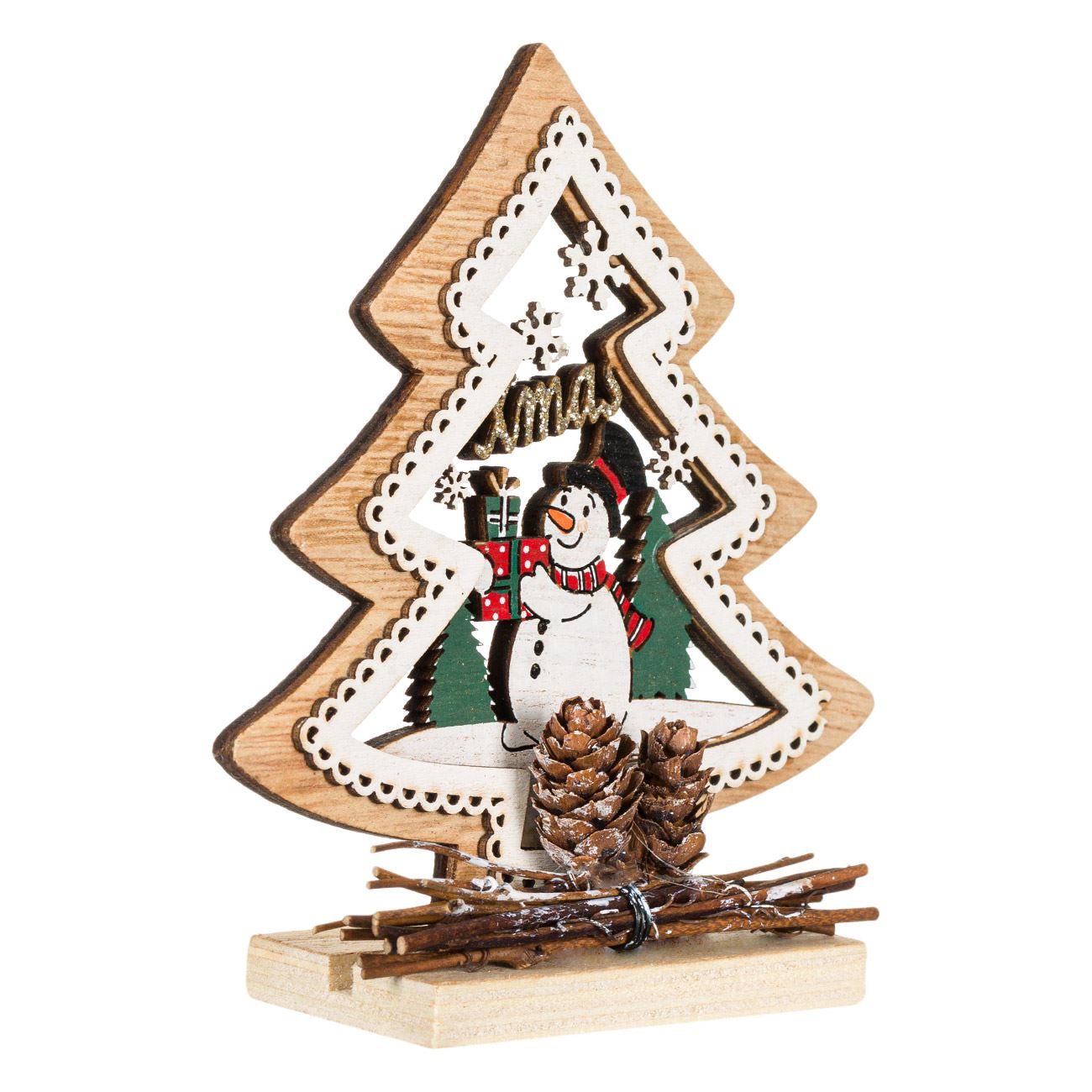 Karácsonyi dekoratív fa fenyő hóember 14 cm