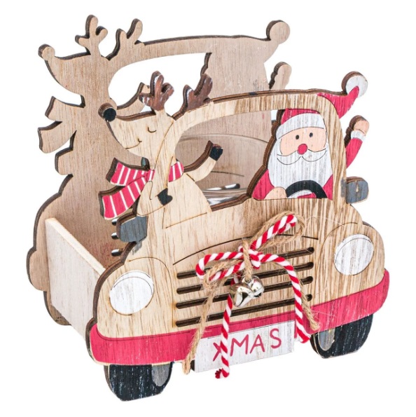 Karácsonyi teamécses tartó fa autó 14x8x14 cm