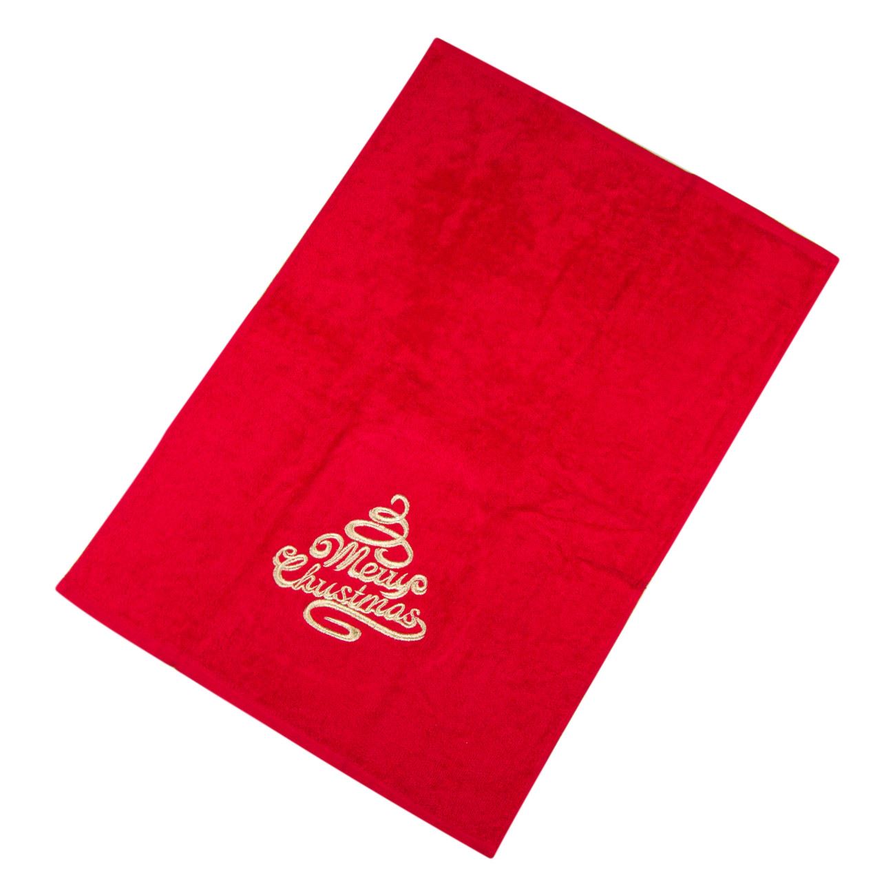 Karácsonyi kéztörlő pamut piros hímzés Merry Christmas 41x59 cm