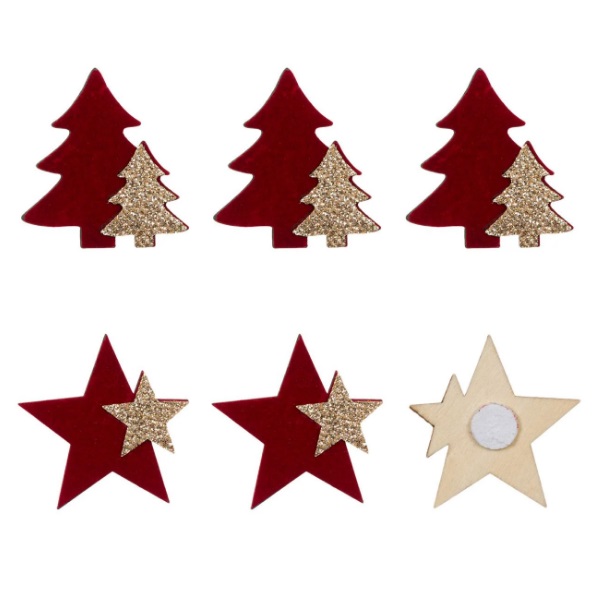 Karácsonyi matricák dekoratív fa fenyő csillagok bordeaux bársony 4 cm - 6 db.