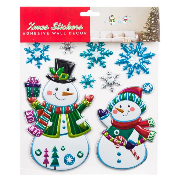 Karácsonyi matricák Dekoratív színes hóember pelyhek 25x25 cm