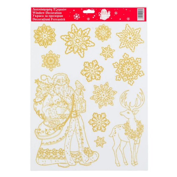 Karácsonyi matricák dekoratív arany csillogó Mikulás szarvassal 30x42 cm