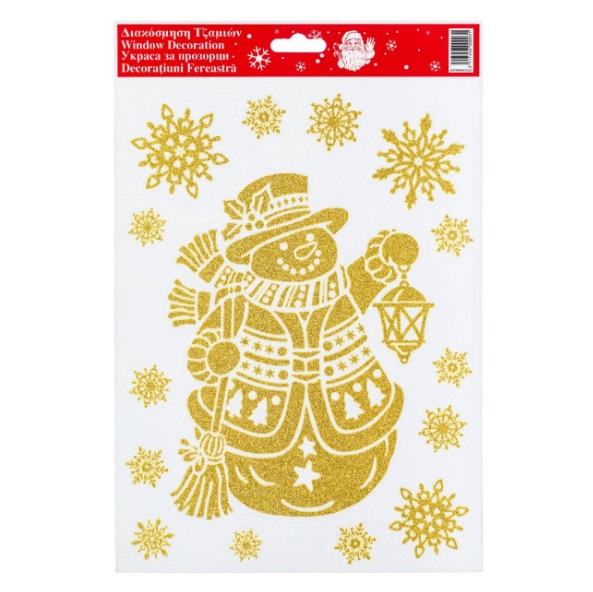 Karácsonyi matricák dekoratív arany csillogó hóember pehely 20x30 cm