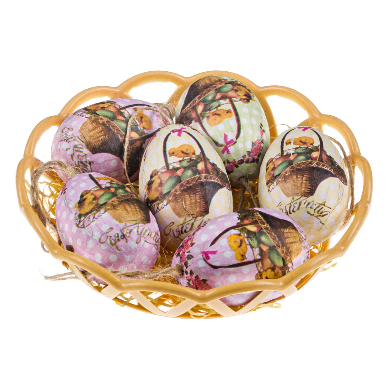 Színes húsvéti tojások kosárban 6 db 6 cm
