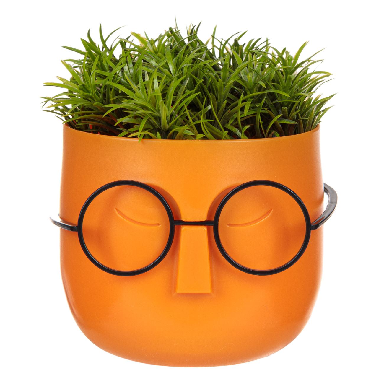 Virágcserép arc narancssárga szemüveggel, műnövény 11x11x14 cm