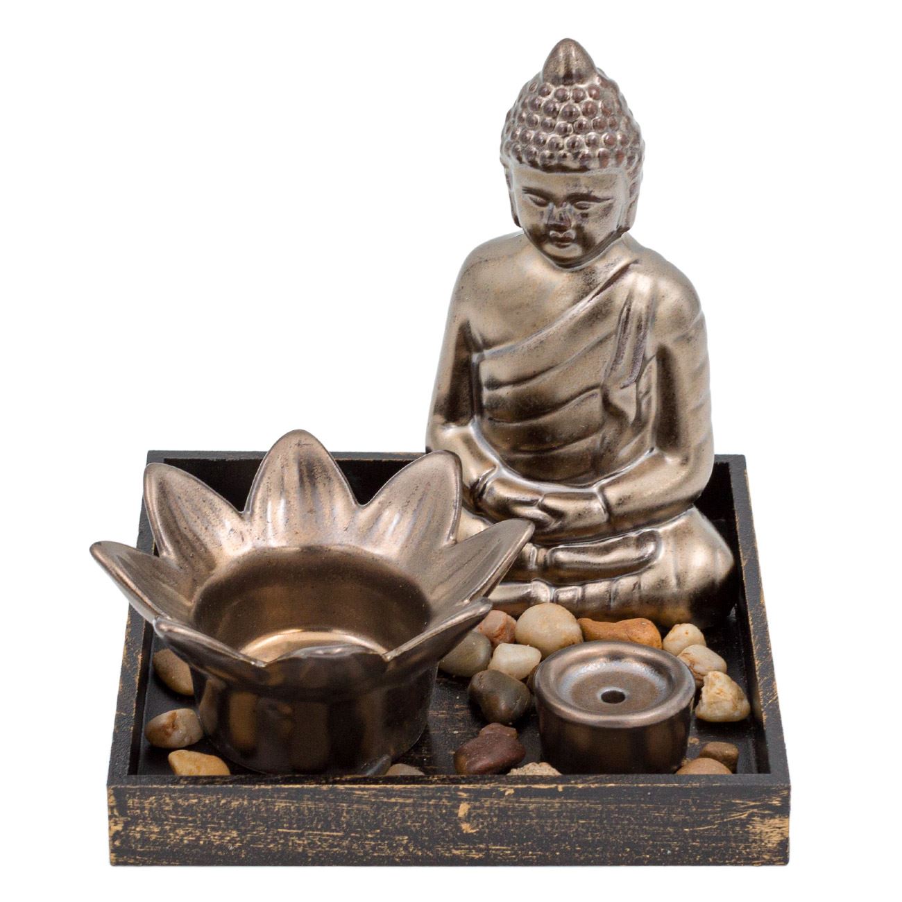 Buddha füstölő mécsessel és kövekkel