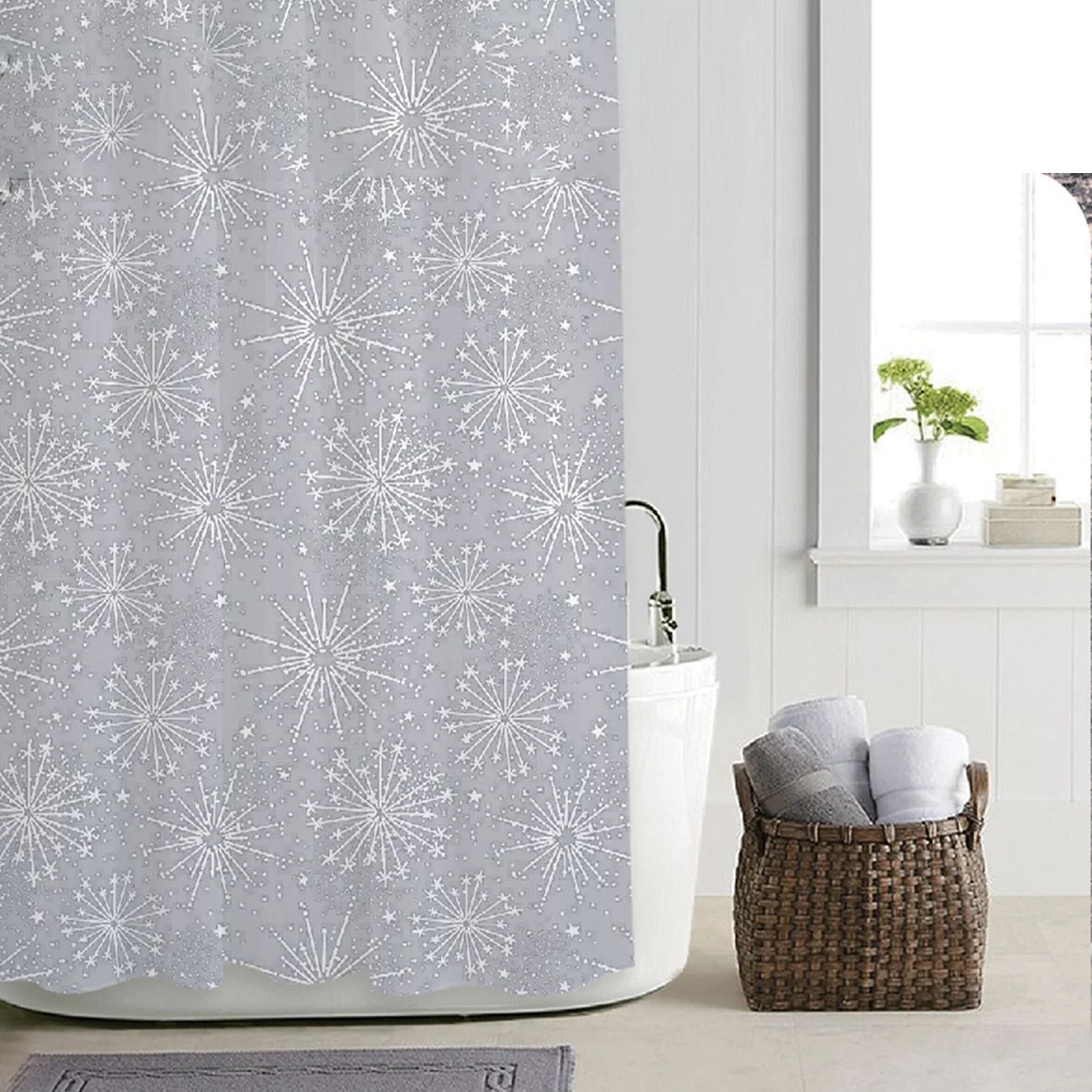 Átlátszó karácsonyi zuhanyfüggöny fehér hópelyhekkel 180x180cm