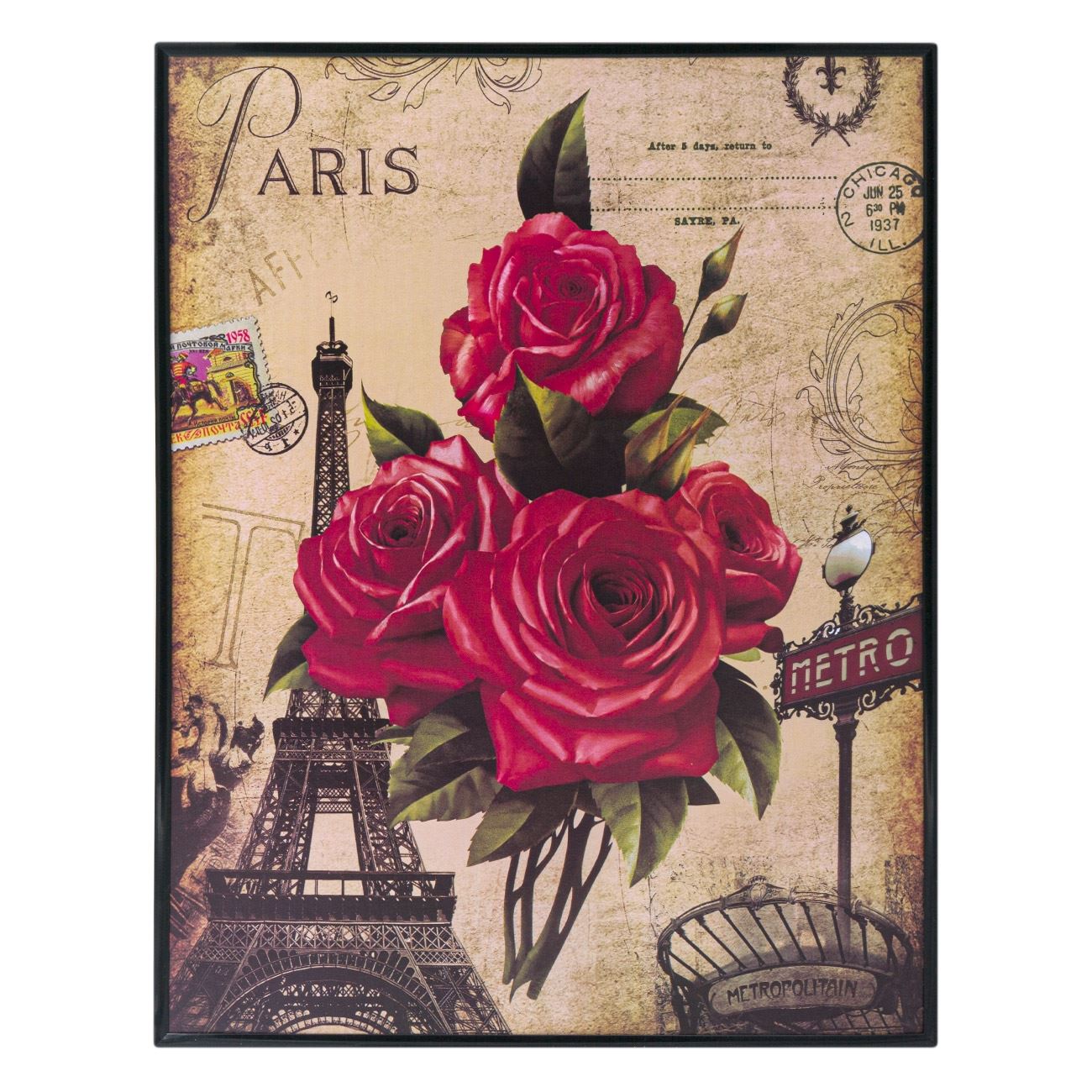 Eiffel-torony fali kép rózsával 34x44 cm