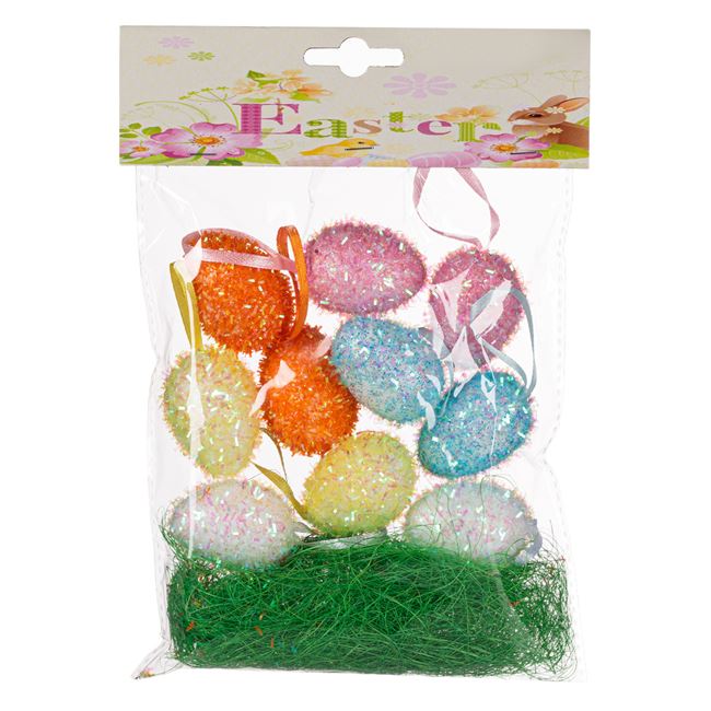 Húsvéti csillogó dekoratív tojás, fűvel - 10 db  3,5 cm