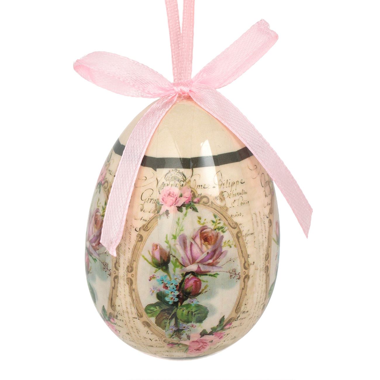 Bézs dekoratív húsvéti tojás vintage rózsaszín rózsákkal 7.5cm