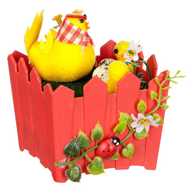 Húsvéti asztaldísz piros kerítéssel 9x9x10 cm