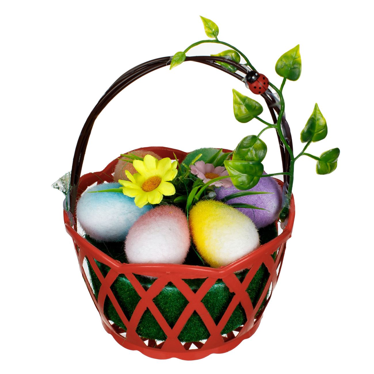 Húsvéti asztaldísz piros kosárral színes tojásokkal 13X17 cm