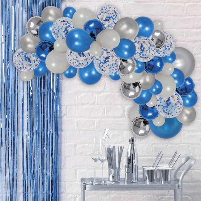 Party dekorációs szett lufikkal Kék Ezüst Fehér - 70 db