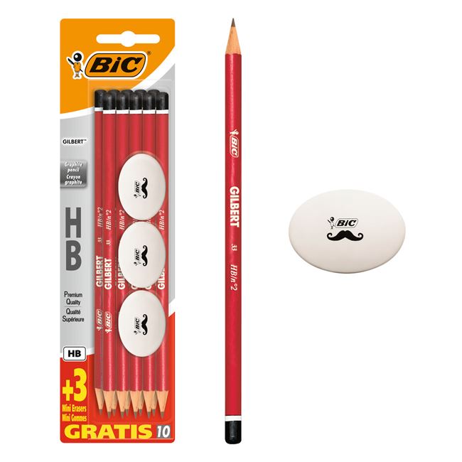 HB ceruza szett piros BIC & fehér radír fekete bajusz - 13 db