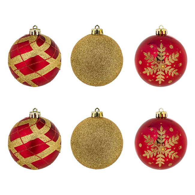 Piros/Arany karácsonyfa gömb dísz hópihés csillogó 8cm - 6 db