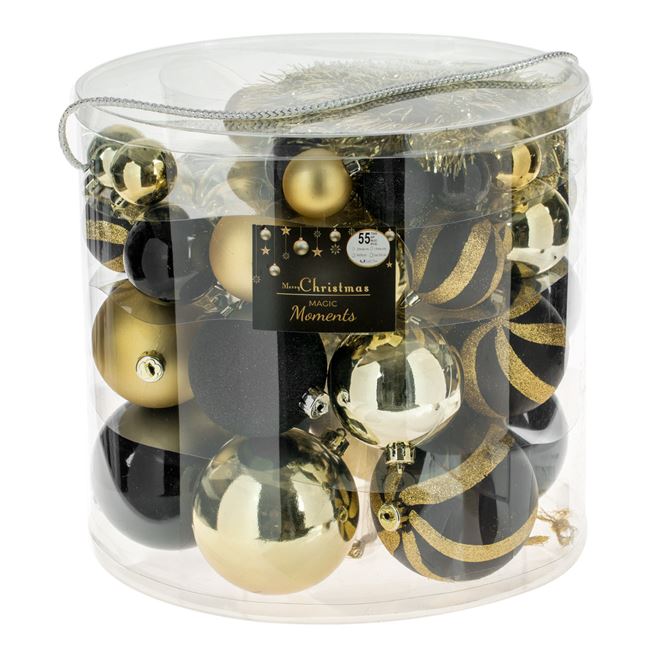 Fekete/Arany karácsonyfa gömb dísz szett - 54 db