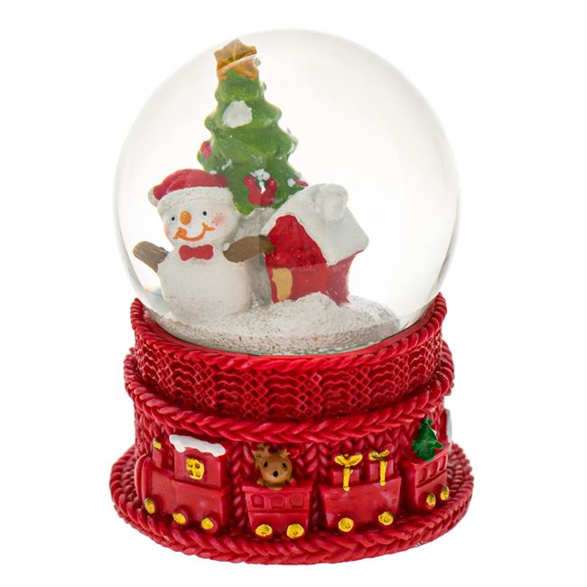 Karácsonyi hógömb piros hóember fenyővel 5 cm