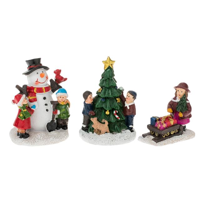 Karácsonyi falu figurák, hóember, fenyőfa, gyerek szánnal - 3db