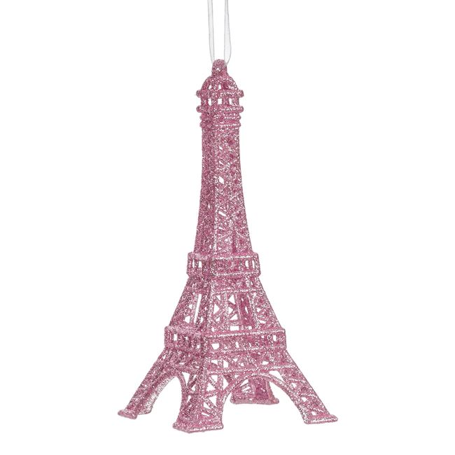 Karácsonyfa dísz Eiffel-torony rózsaszín csillogással 6.7x15cm