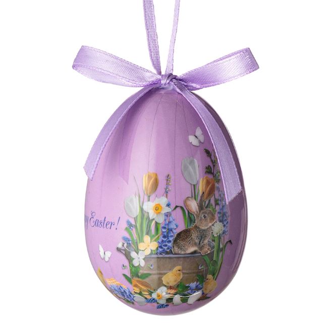 Dekoratív húsvéti tojás festett lila nyuszik és levendula 7.5cm