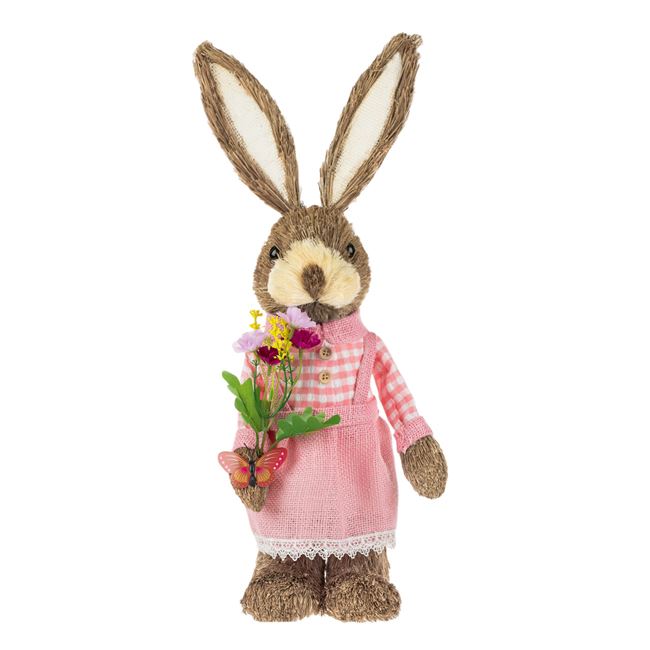 Természetes rost - Húsvéti lány nyuszi rózsaszín ruhás, virágokkal 50 cm
