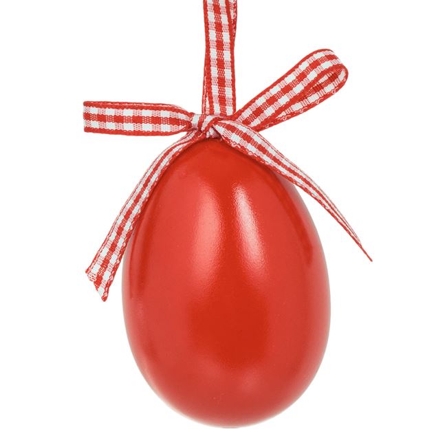 Piros dekoratív húsvéti tojás kockás szalaggal 7.5cm