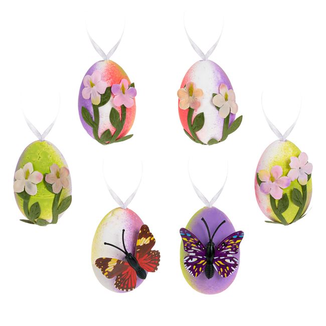 Dekoratív húsvéti tojás 3D pillangók mintás virágok 5cm - 6db