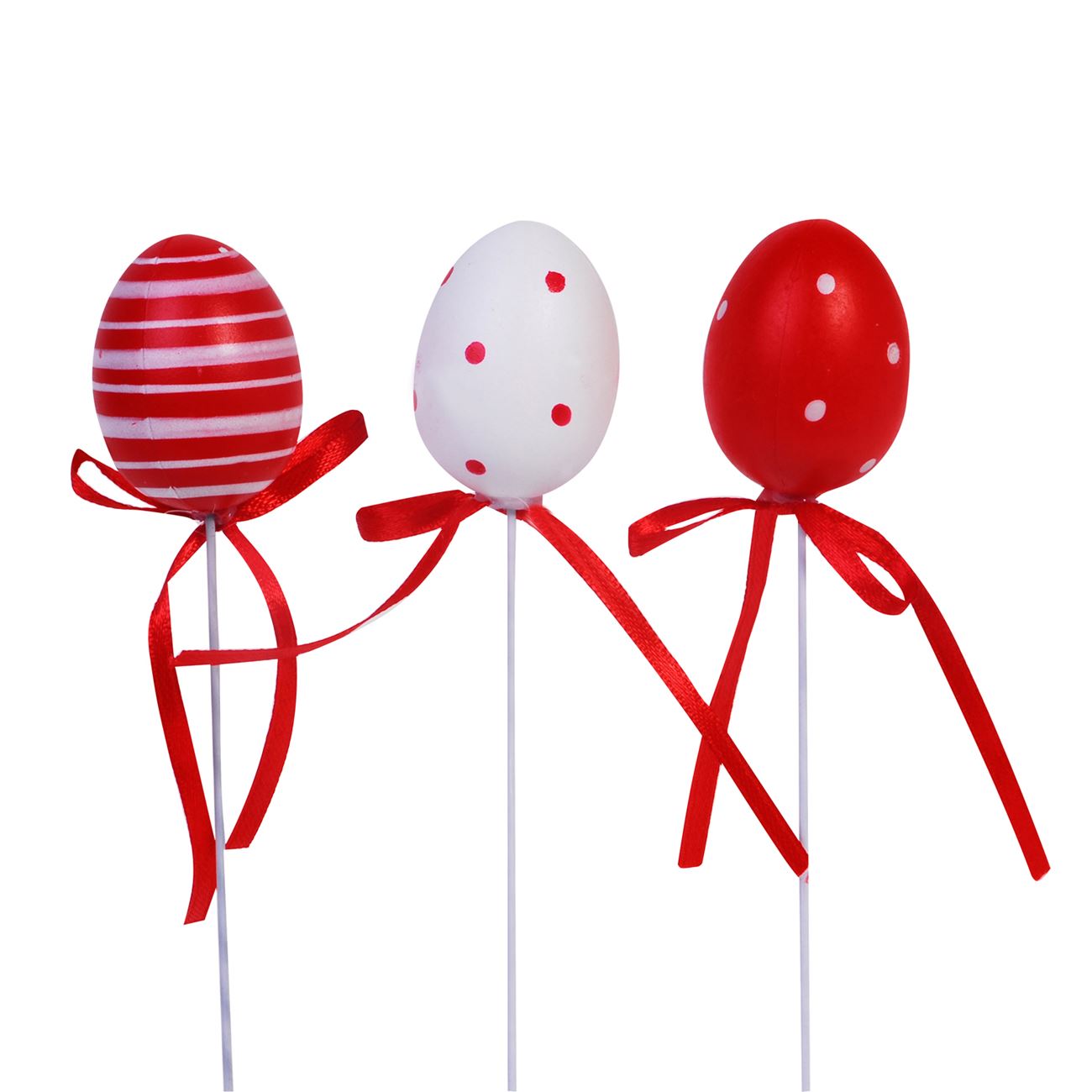 Húsvéti dekoratív tojások piros fehér pálcán - 6 db.