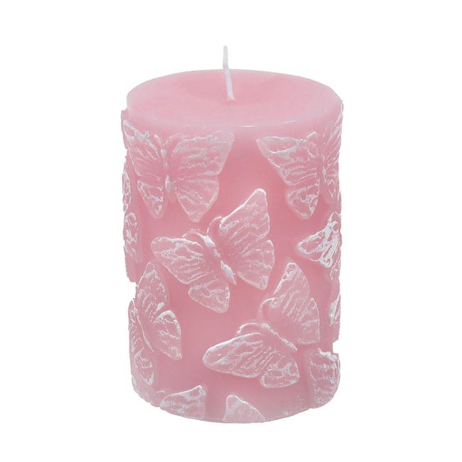 Rózsaszín gyertya dombornyomott pillangókkal Ø7x10cm