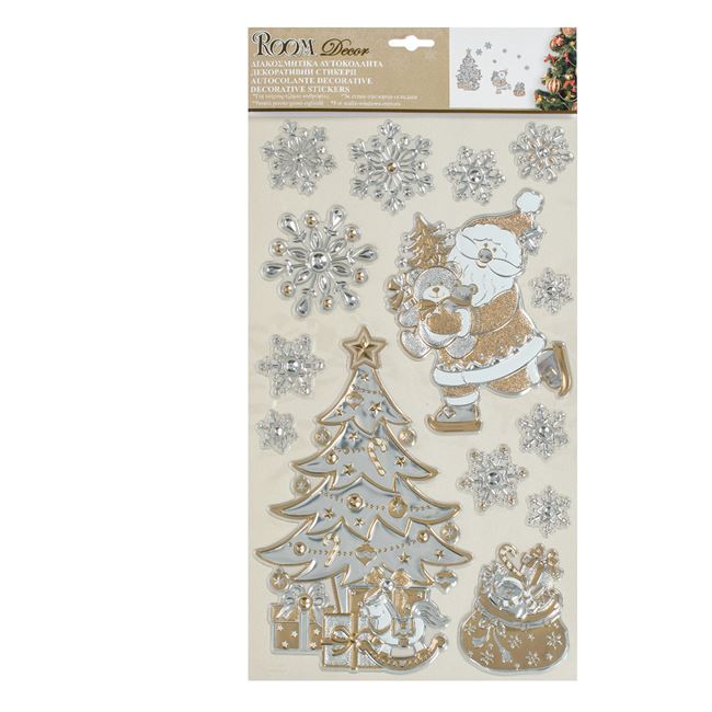 Karácsonyi dekoratív matricák fenyőfával, pezsgő színben 24x41cm