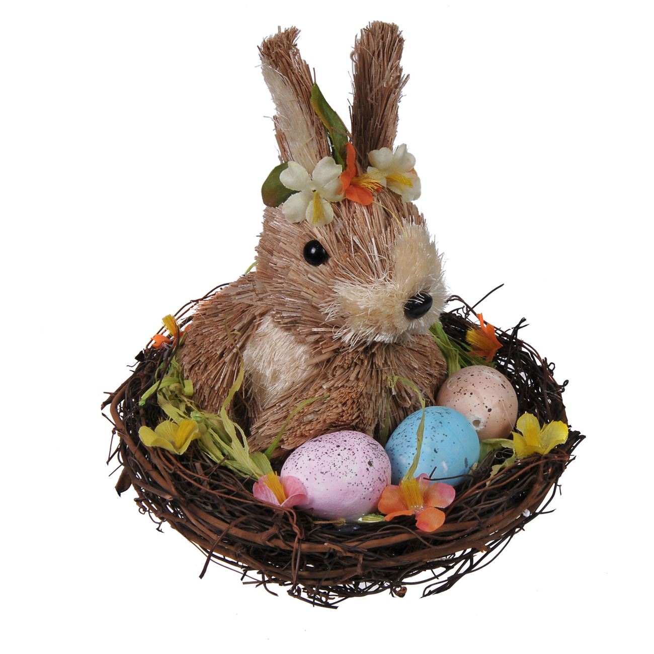 Természetes rost nyuszi, kosárban, tojásokkal - Húsvéti dekoráció 19 cm