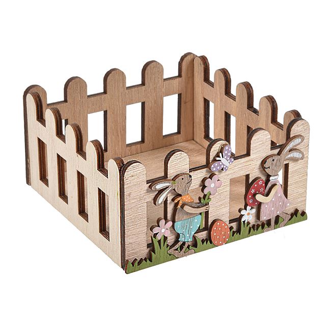 Húsvéti dekoratív fakosár kerítés nyuszik 12x12x6cm