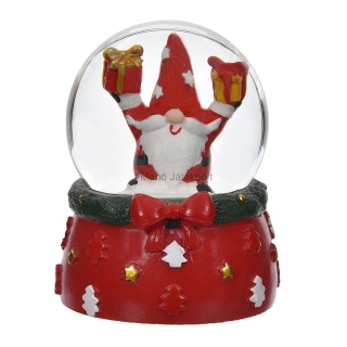 Karácsonyi dekoratív hógömb Mikulás gnóm ajándékok piros alap 6.5cm